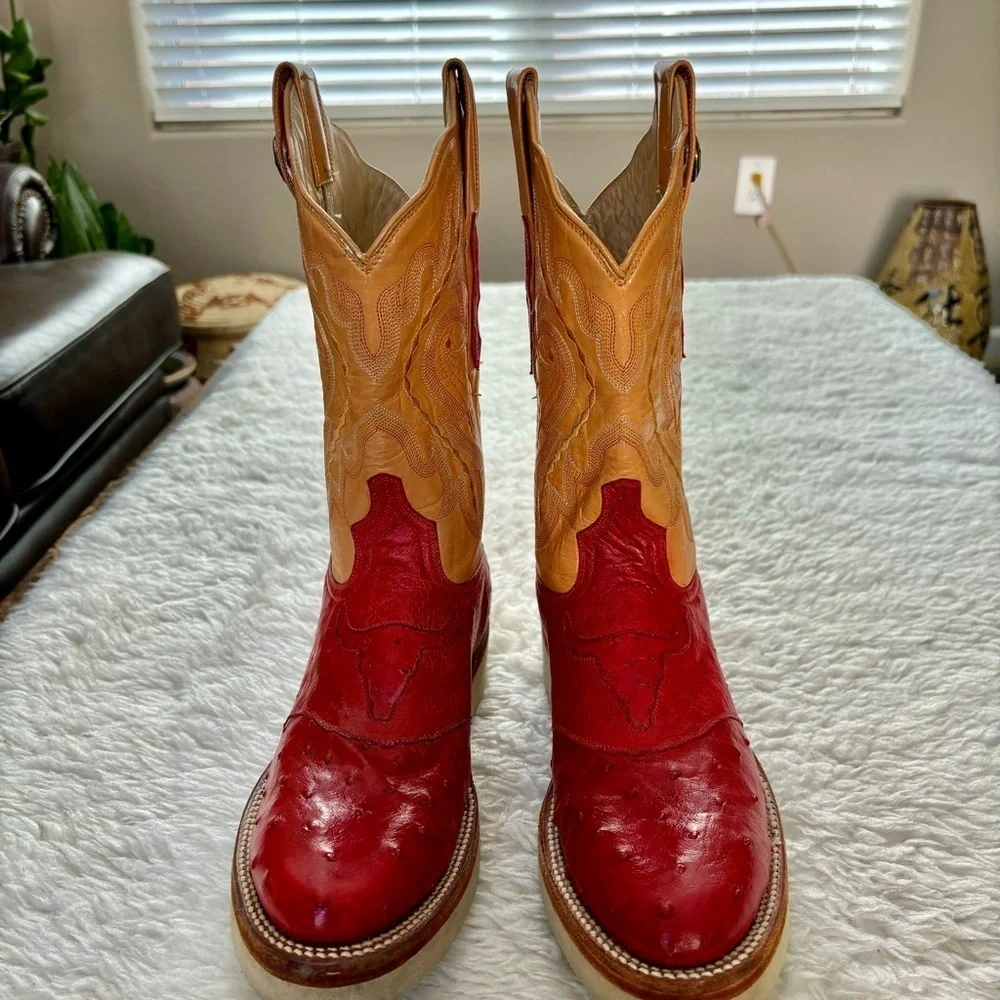 Rudy Lara Genuine Ostrich skin 2Tone Red/Cognac Leather Women’s Western Boots 7